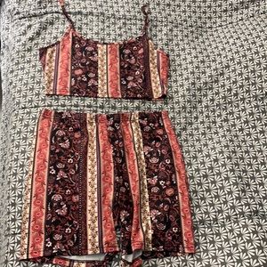 two piece burgundy/pink/black shorts set